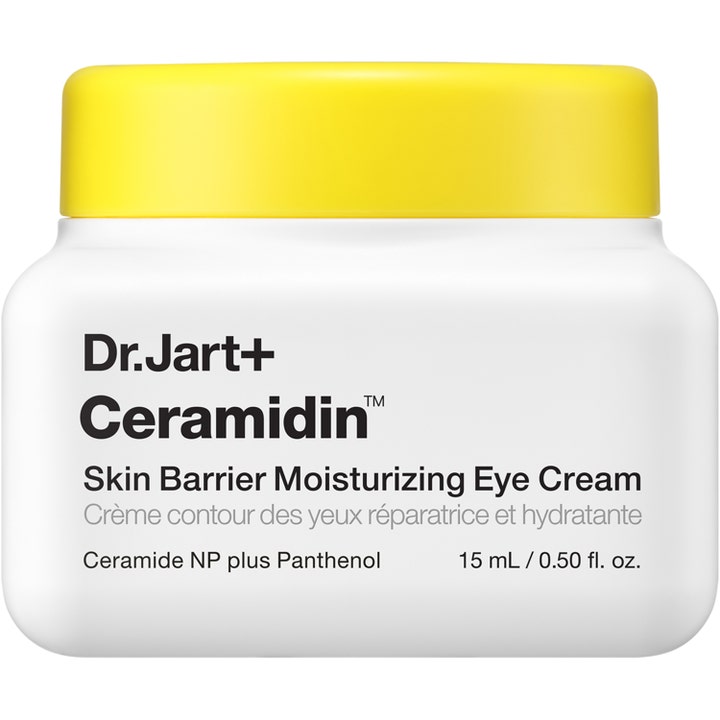 Dr. Jart+ Ceramidin Skin Barrier Eye Cream 15 ml kosteuttava silmänympärysvoide valkoisessa purkissa keltaisella korkilla.