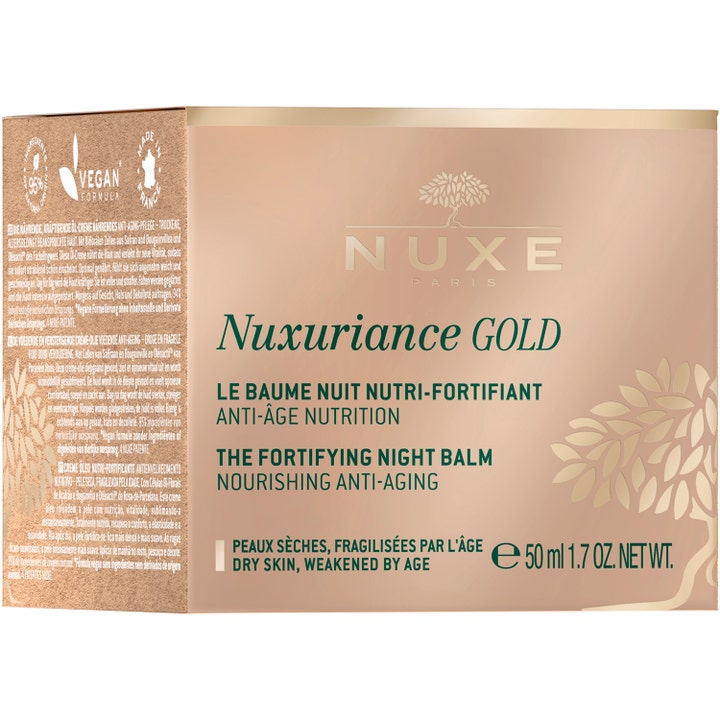 Nuxe Nuxuriance Gold Night Balm 50 ml ravitseva yövoide kultaisessa pakkauksessa kuivalle iholle.