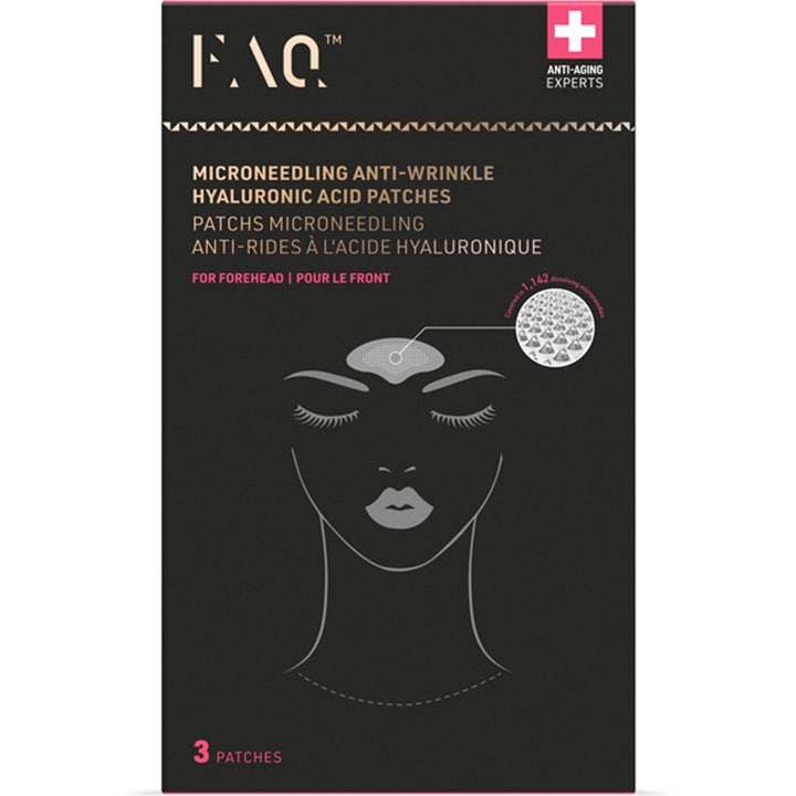FAQ Swiss Microneedling Anti-Wrinkle Hyaluronic Acid Patches 3 kpl otsalle mustassa pakkauksessa.