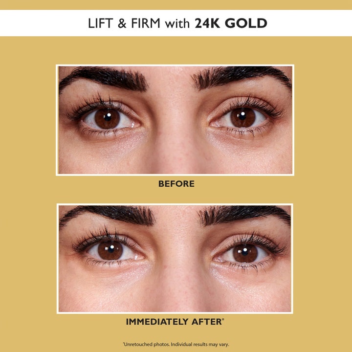 Peter Thomas Roth 24k Gold Eye Patches 60 kpl kiinteyttävä silmänympärysmaski ennen ja jälkeen -kuvassa.