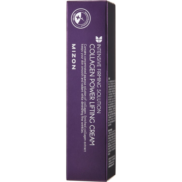 Mizon Collagen Power Lifting Cream 35 ml kiinteyttävä kasvovoide tyylikkäässä purppuranvärisessä pahvipakkauksessa.