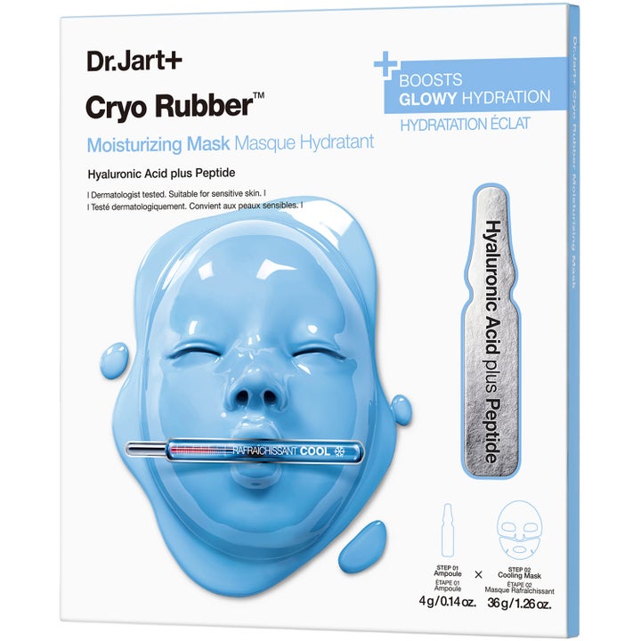 Dr. Jart+ Cryo Rubber Moisturizing Mask 4g ja 36g kosteuttava kasvonaamio valkoisessa pakkauksessa sinisellä kuminaamiolla.