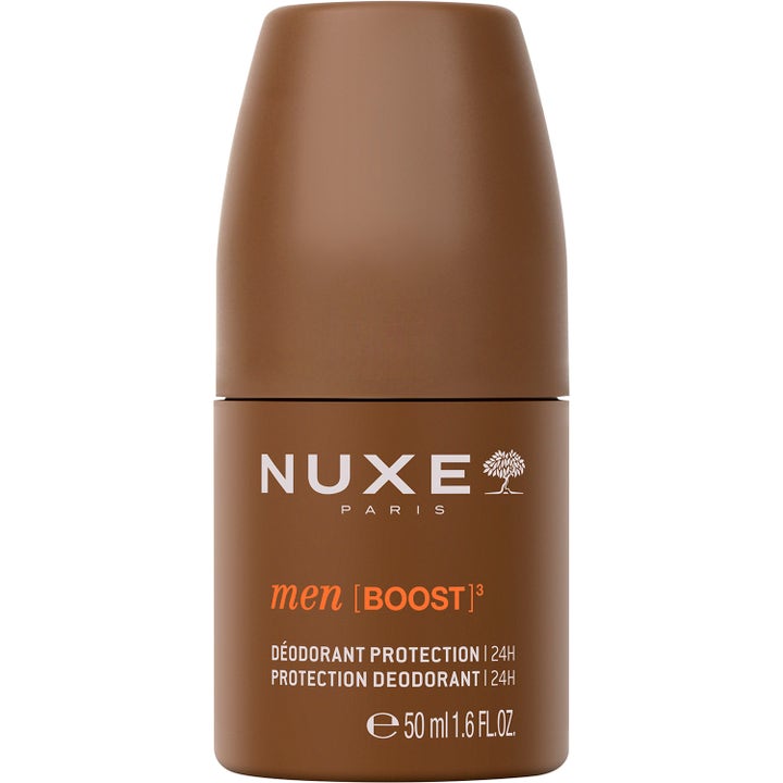 Nuxe Men Boost Protection Deodorant 24H 50 ml suojaava roll-on-deodorantti ruskeassa mattapintaisessa pakkauksessa
