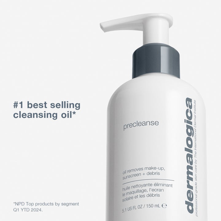 Dermalogica PreCleanse 295 ml puhdistusöljy poistaa meikin valkoisessa pumppupullossa jossa on harmaa pumppu.
