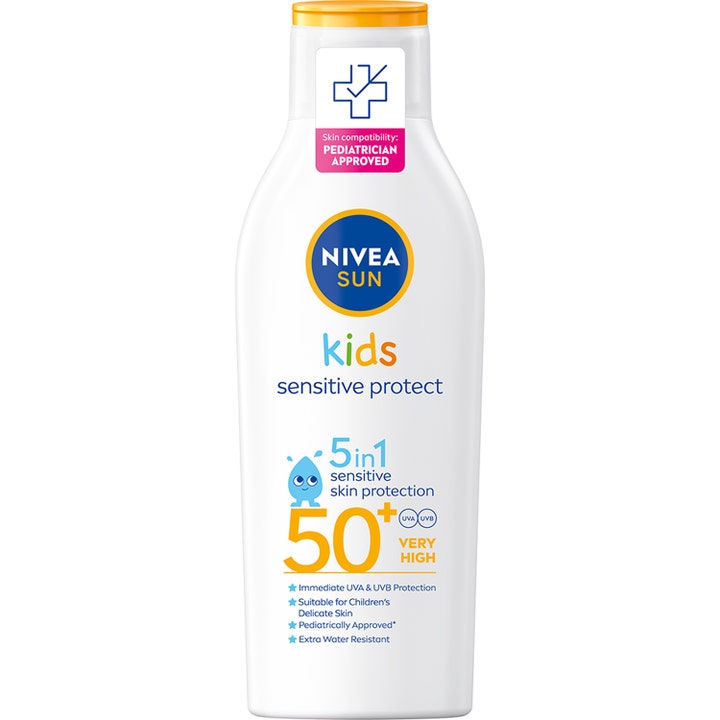 Nivea Sun Kids Sensitive Protect SPF 50+ aurinkovoide suojaa herkkää ihoa valkoisessa pullossa keltaisella korkilla
