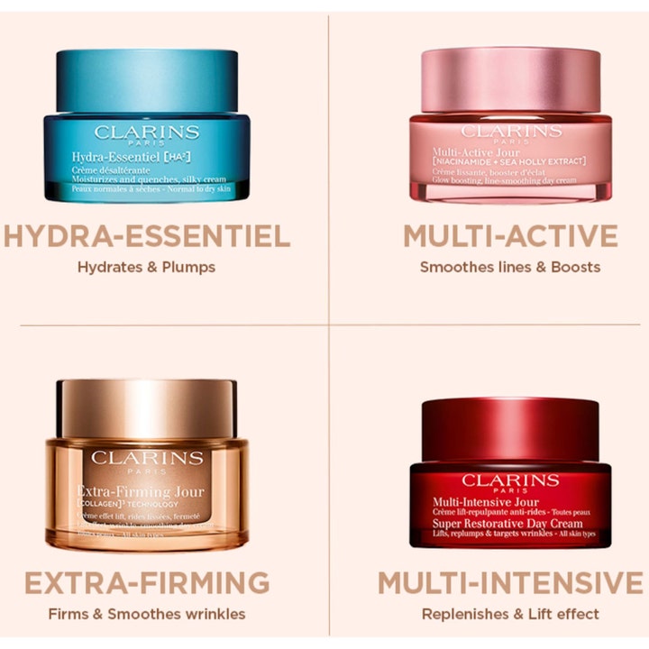Clarins Extra-Firming Jour 50 ml silottava päivävoide neljän erivärisen kasvovoidepurkin vertailussa.