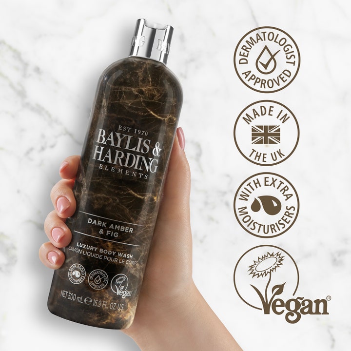 Baylis & Harding Elements Body Wash Dark Amber & Fig 500 ml kosteuttava suihkusaippua tummassa marmorikuviopullossa