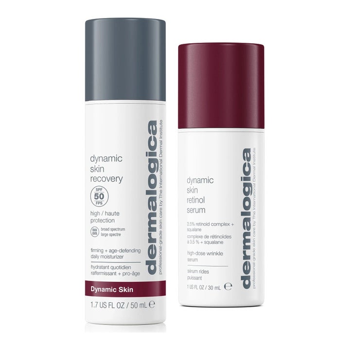 Dermalogica Dynamic Skin Recovery 50 ml ja Retinol Serum 30 ml silottava anti-age duo valkoisissa tyylikkäissä pulloissa.