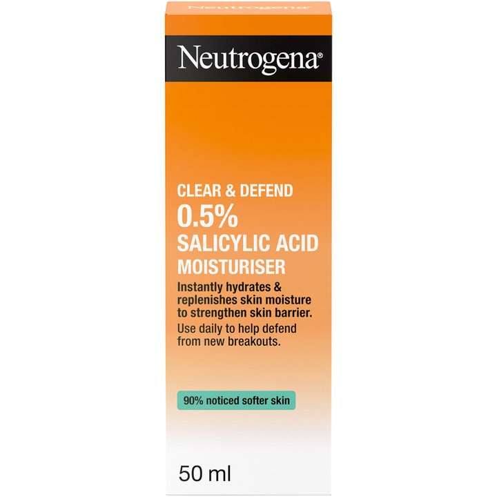 Neutrogena Clear & Defend 0.5% Salicylic Acid Moisturiser 50 ml kasvovoide epäpuhtauksia vastaan oranssissa pakkauksessa.