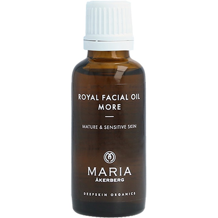 Maria Åkerberg Royal Facial Oil More 30 ml elvyttävä kasvoöljy ruskeassa lasipullossa valkoisella korkilla.