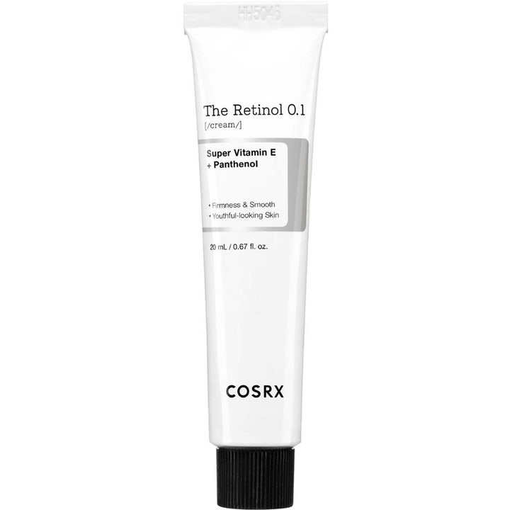 COSRX The Retinol 0.1 Cream 20 ml silottava kasvovoide valkoisessa tuubissa jossa on musta kierrekorkki.