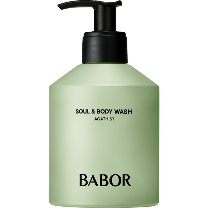 Babor Soul & Body Wash Agathist 300 ml puhdistava vartalonpesuaine vaaleanvihreässä pullossa mustalla pumpulla.