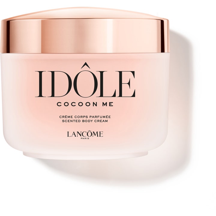 Lancôme Idôle Cocoon Me 200 ml hajustettu vartalovoide pehmittää ihoa vaaleanpunaisessa purkissa ruusukultaisella kannella.