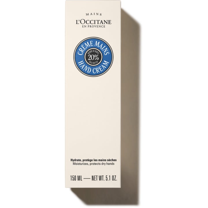 L'Occitane Shea Butter Hand Cream 150 ml kosteuttava käsivoide vaaleassa pahvipakkauksessa suojaa kuivaa ihoa.