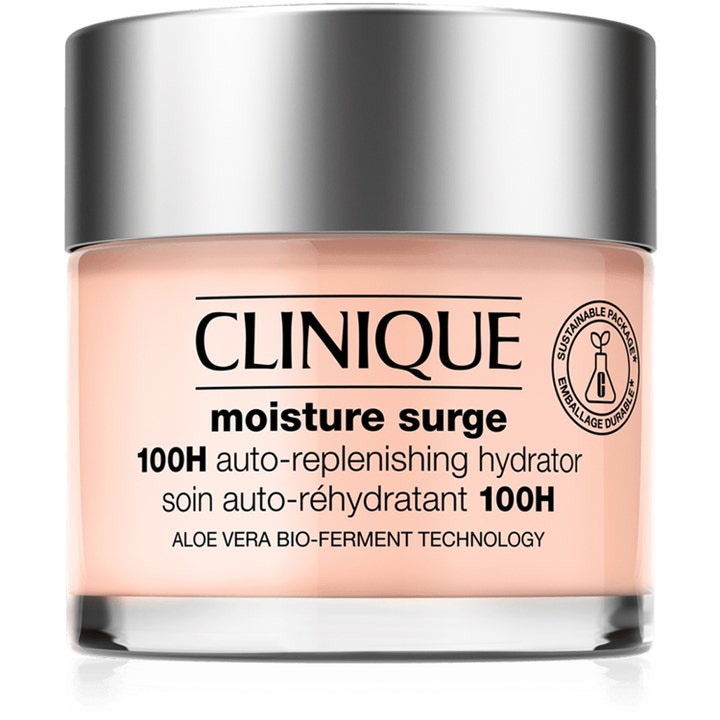 Clinique Moisture Surge 100H syväkosteuttava kasvovoide persikansävyisessä lasipurkissa hopeisella kannella.