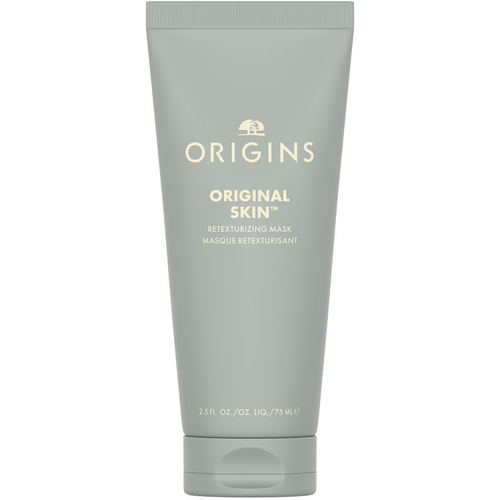 Origins Original Skin Retexturizing Mask 75 ml silottava kasvonaamio harmaanvihreässä muovituubissa vaalealla tekstillä.