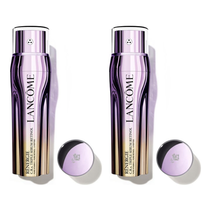 Lancôme Rénergie C.R.X. Triple Serum Retinol silottava seerumi kaksi liilaa ja kultaista metallinhohtoista pulloa