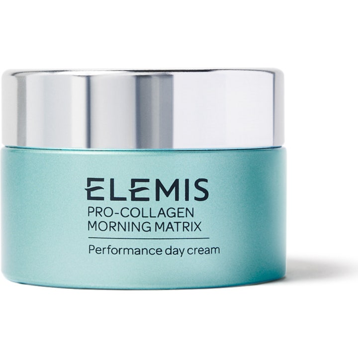 Elemis Pro-Collagen Morning Matrix 50 ml kiinteyttävä päivävoide turkoosissa purkissa hopeisella kannella.