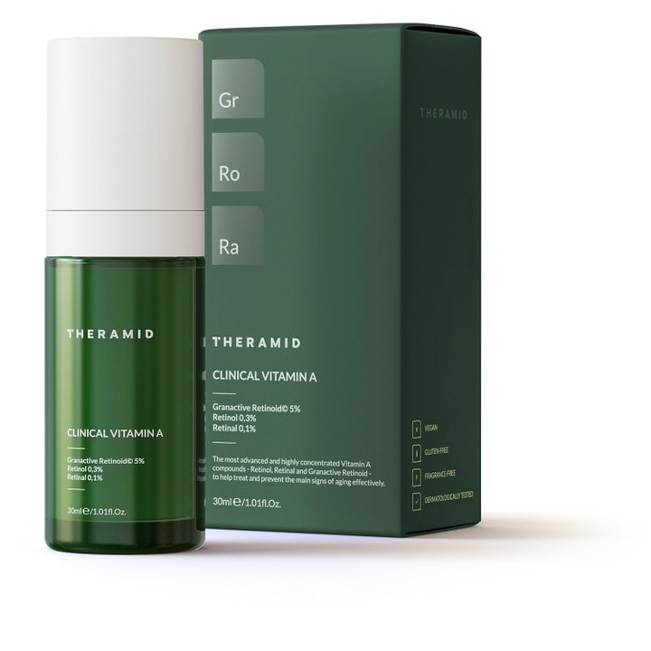 Niche Beauty Lab Theramid Clinical Vitamin A 30 ml uudistava seerumi vihreässä pumppupullossa ja pakkauksessa.
