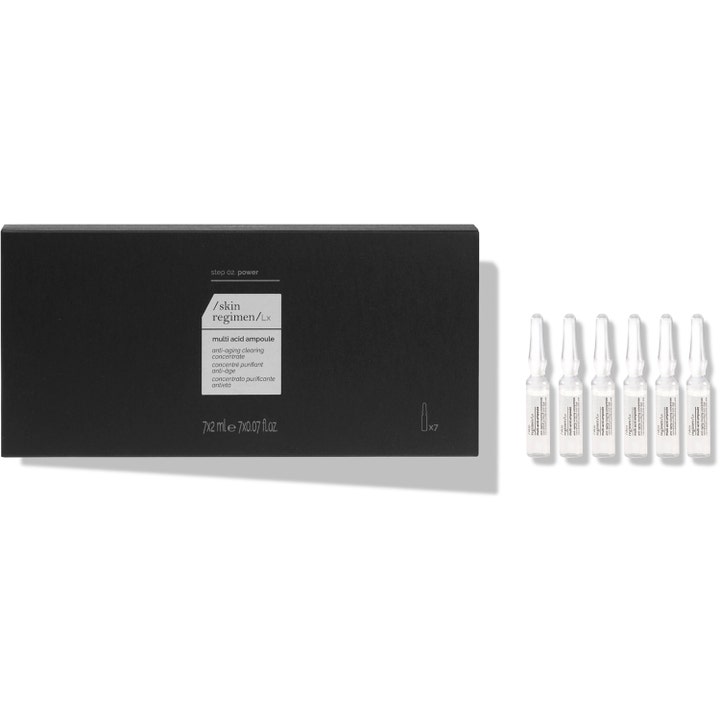 /skin regimen/Lx Multi Acid Ampoule 7x2 ml puhdistava anti-age-tiiviste mustassa rasiassa kirkkailla lasiampulleilla.