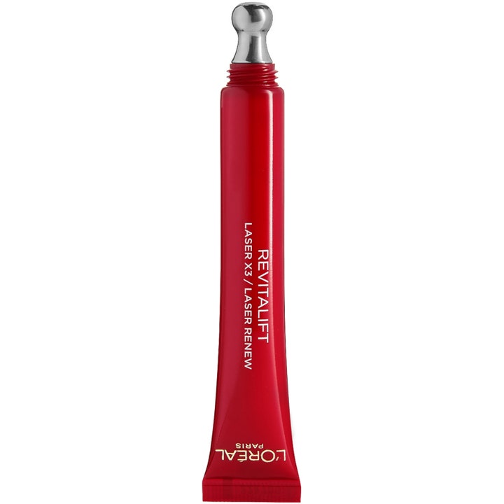 L'Oréal Paris Revitalift Laser 15 ml silottava silmänympärysvoide punaisessa tuubissa metallisella levityspäällä.