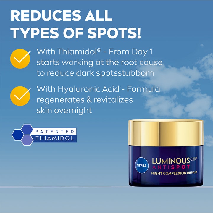 NIVEA Luminous630 Anti Dark-Spot 50 ml yövoide vähentää pigmenttiläiskiä tiamidolilla kultakantisessa purkissa.