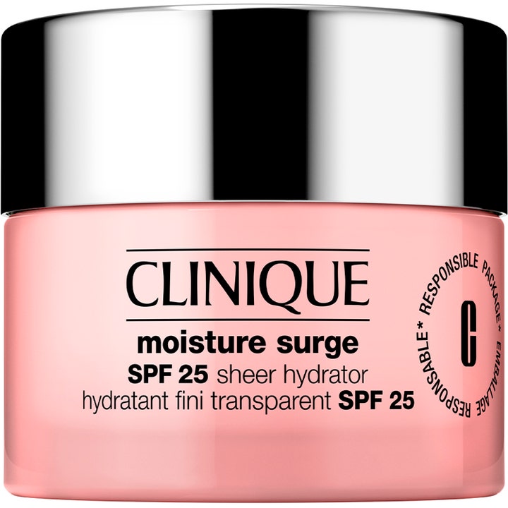 Clinique Moisture Surge SPF 25 Sheer Hydrator kosteuttava kasvovoide vaaleanpunaisessa lasipurkissa hopeisella kannella
