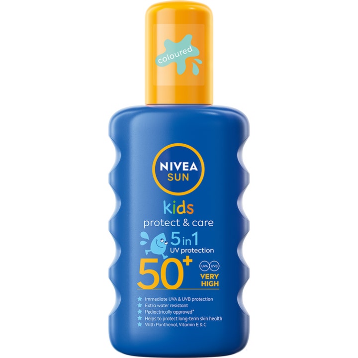 Nivea Sun Kids Protect & Care SPF 50+ aurinkosuojavoide lapsille sinisessä pullossa jossa on keltainen korkki