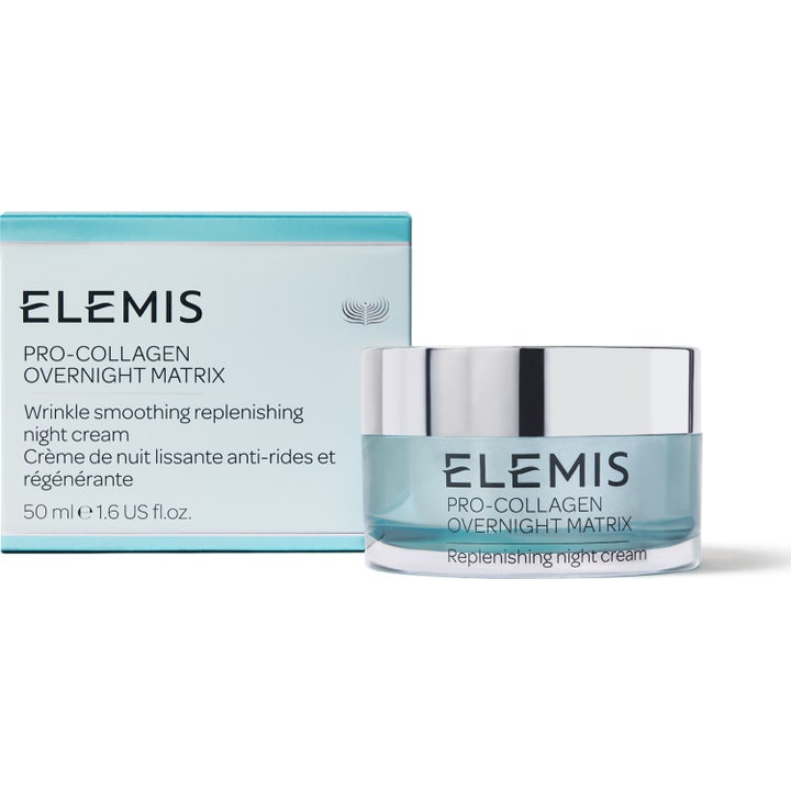 Elemis Pro-Collagen Overnight Matrix 50 ml silottava yövoide turkoosissa lasipurkissa ja pakkauksessa.