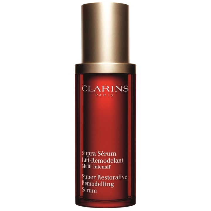 Clarins Super Restorative Remodelling Serum 30 ml kiinteyttävä seerumi punaisessa lasipullossa kultaisella korkilla.