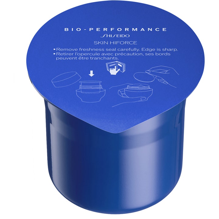 Shiseido Bio-Performance Skin HiForce 50 ml täyttöpakkaus on sininen kapseli valkoisilla käyttöohjeilla.