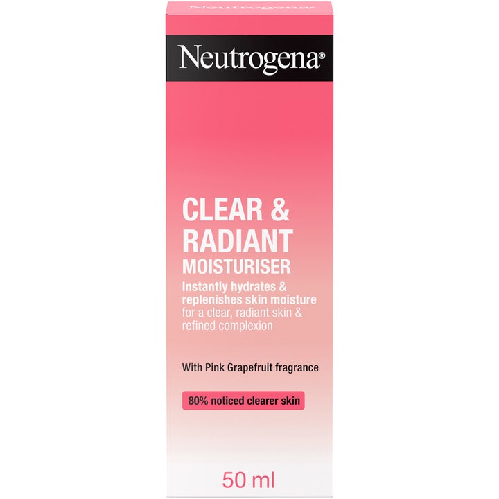 Neutrogena Clear & Radiant Moisturiser 50 ml kirkastava kosteusvoide vaaleanpunaisessa liukuvärjätyssä pakkauksessa