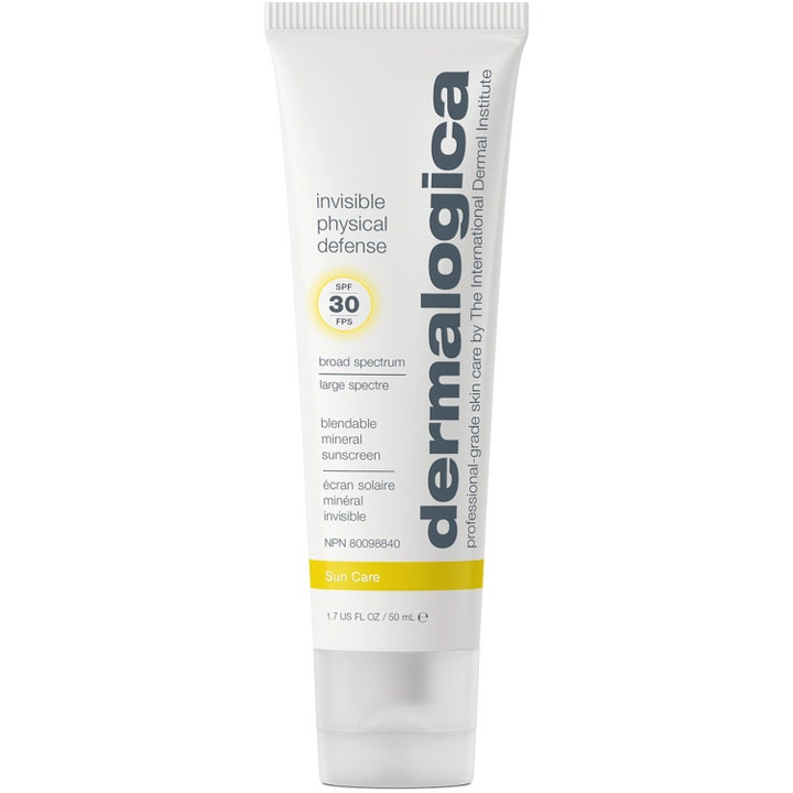 Dermalogica Invisible Physical Defense 50 ml SPF 30 mineraaliaurinkovoide on valkoinen tuubi keltaisella raidalla