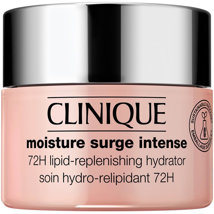 Clinique Moisture Surge Intense 72H kosteuttava kasvovoide persikanvärisessä purkissa, jossa on kiiltävä hopeakorkki.