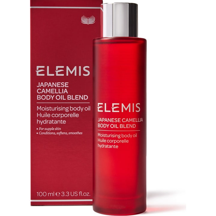 Elemis Japanese Camellia Body Oil Blend 100 ml kosteuttava vartaloöljy punaisessa pullossa ja hopeisella korkilla.