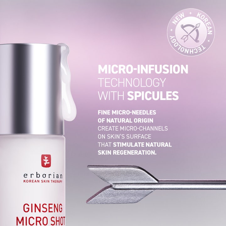 Erborian Ginseng Micro Shot 30 ml uudistava seerumi ja pullon reunalla valuva maitomainen, silottava koostumus.