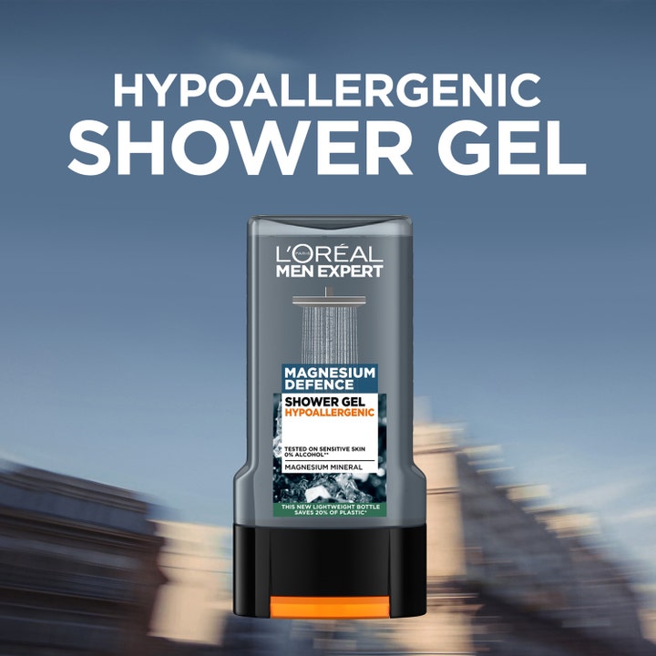 L'Oréal Paris Men Expert Magnesium Defence 300 ml hypoallergeeninen suihkugeeli herkälle iholle harmaassa pullossa