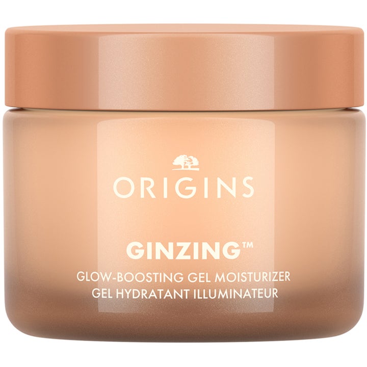 Origins GinZing Glow-Boosting Gel Moisturizer kirkastava geelivoide oranssissa huurretussa lasipurkissa persikanvärisellä korkilla