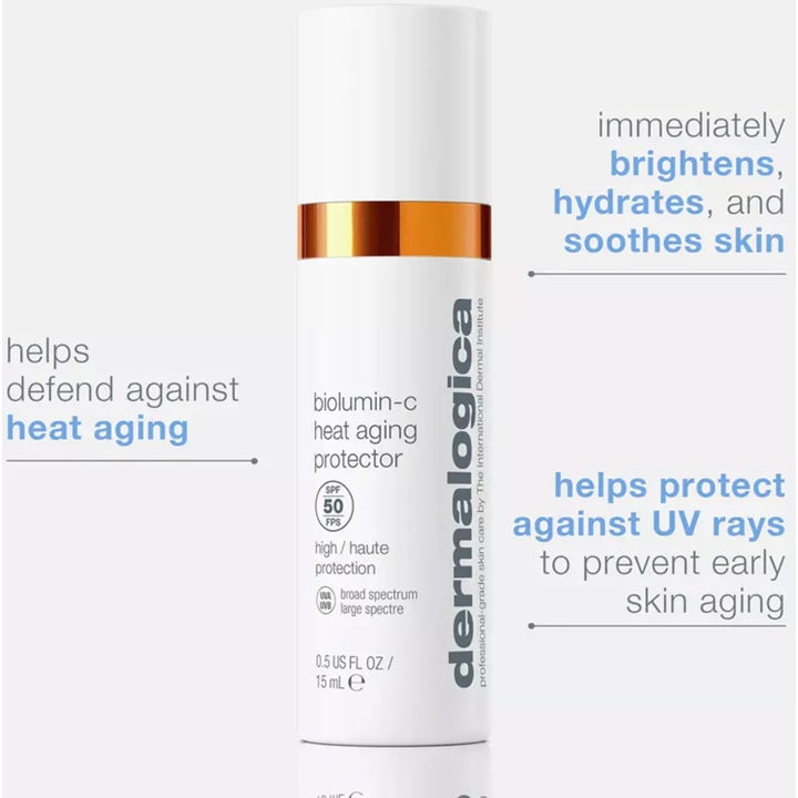 Dermalogica Biolumin-C Heat Aging Protector 15 ml kirkastava SPF 50 päivävoide valkoisessa pullossa oranssilla raidalla