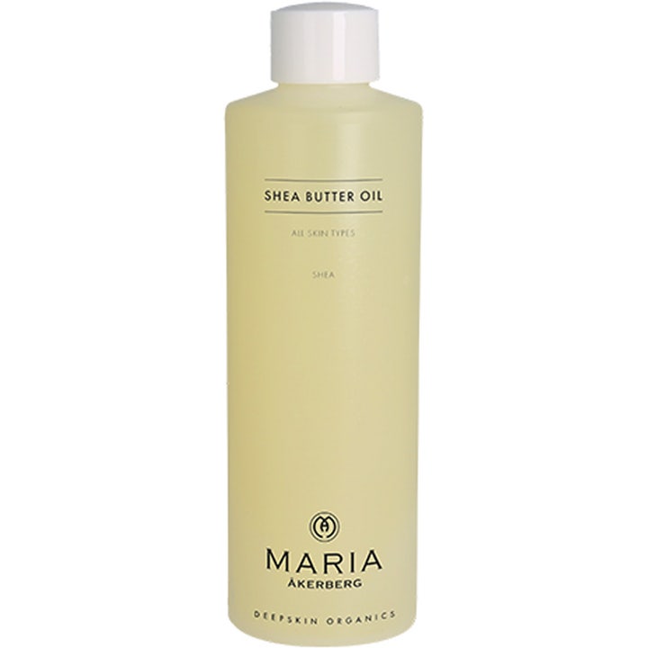 Maria Åkerberg Shea Butter Oil 250 ml kosteuttava vartaloöljy keltaisena nesteenä läpikuultavassa muovipullossa.