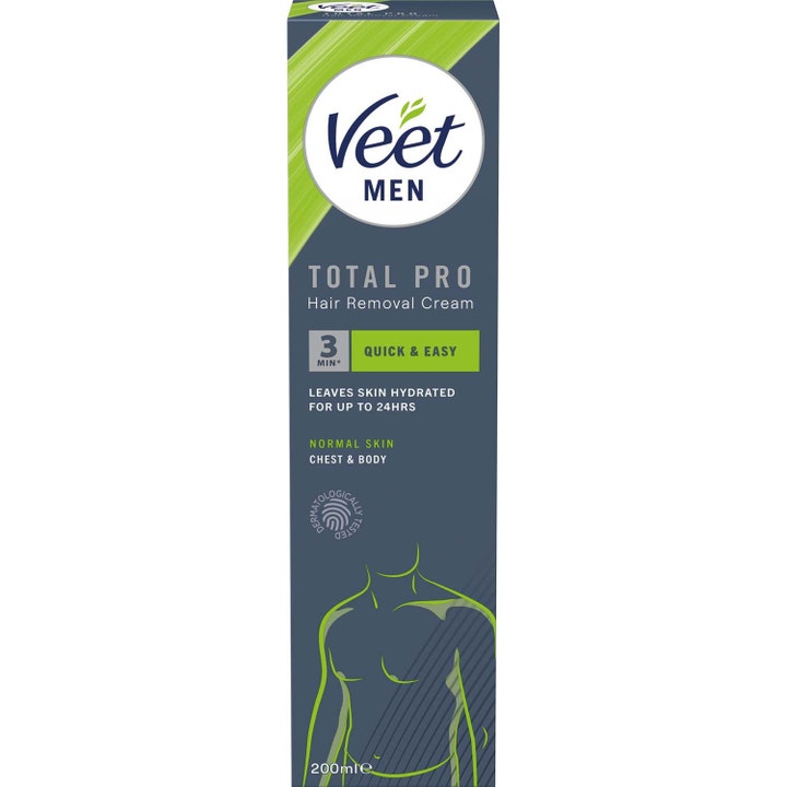 Veet Men Total Pro 200 ml kosteuttava ihokarvanpoistovoide tummanharmaassa pakkauksessa vihreillä yksityiskohdilla.