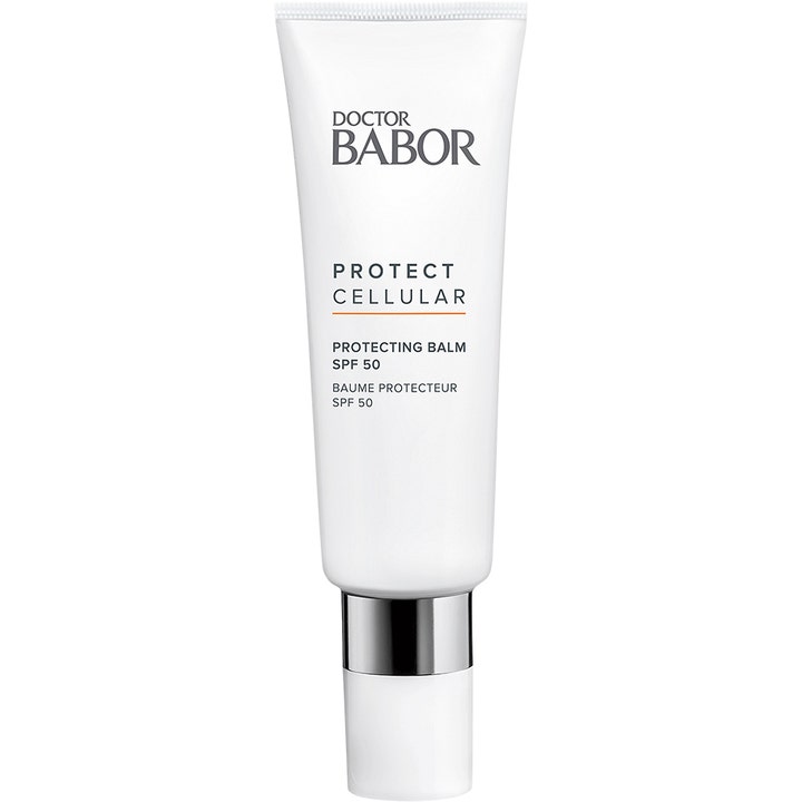 Doctor Babor Protect Cellular Protecting Balm SPF 50 suojaava aurinkosuojavoide valkoisessa tuubissa hopeisella renkaalla.