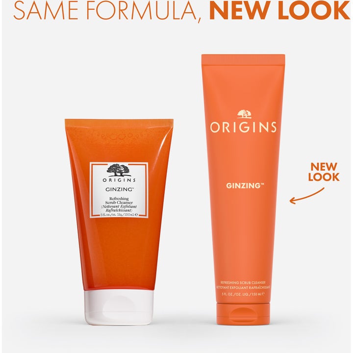 Origins GinZing Refreshing Scrub Cleanser 150 ml kirkastava kuorintavoide näyttää uuden ja vanhan oranssin pakkauksen.