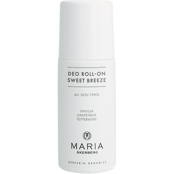 Maria Åkerberg Deo Roll-On Sweet Breeze raikastava deodorantti valkoisessa muovipullossa mustalla tekstillä.