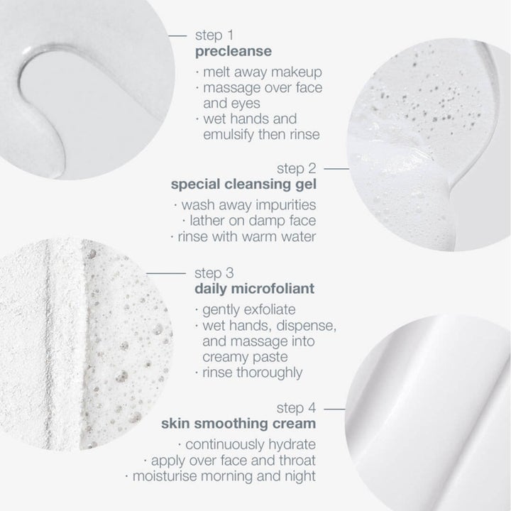 Dermalogica Discover Healthy Skin Kit ihonhoitosetti näyttää tuotteiden koostumukset ja vaiheittaiset käyttöohjeet.