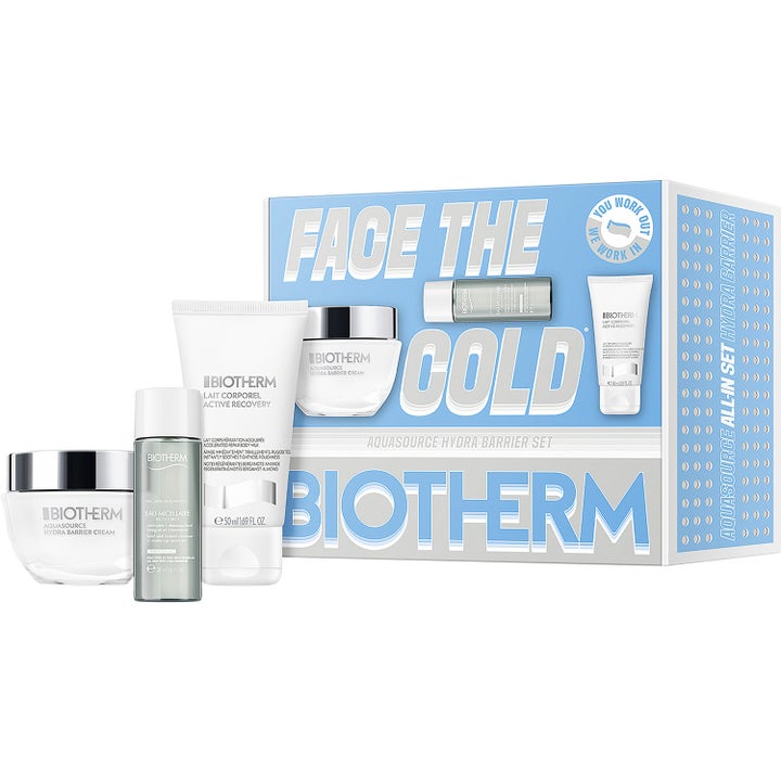 Biotherm Aquasource Hydra Barrier Set ihonhoitosetti kosteuttaa ihoa vaaleansinisessä lahjapakkauksessa.