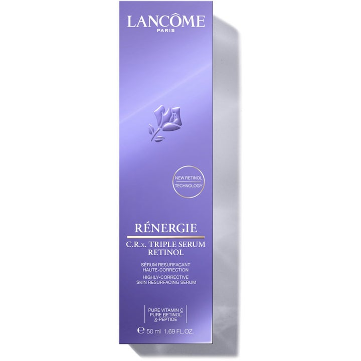 Lancôme Rénergie C.R.x. Triple Serum 50 ml silottava seerumi violetissa pahvipakkauksessa.
