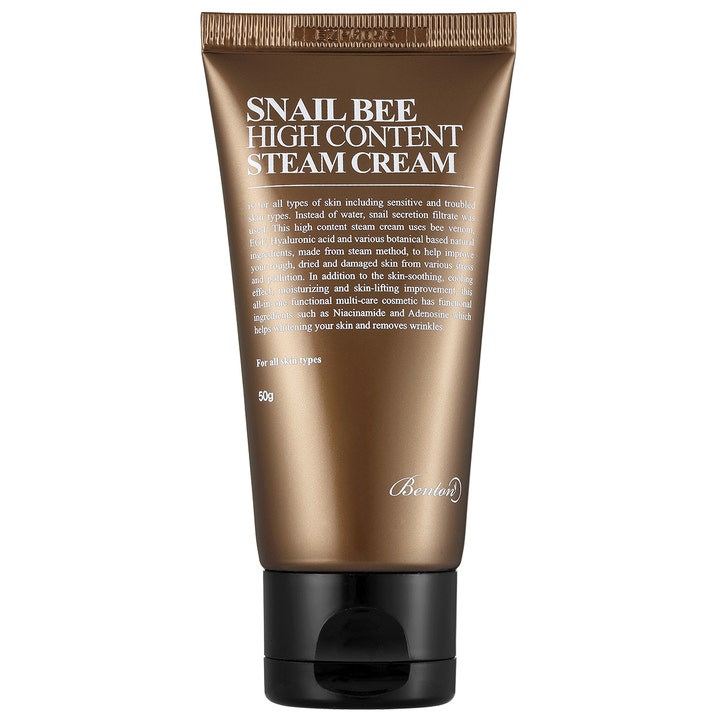 Benton Snail Bee High Content Steam Cream 50 g kosteuttava kasvovoide ruskeassa muovituubissa mustalla korkilla.