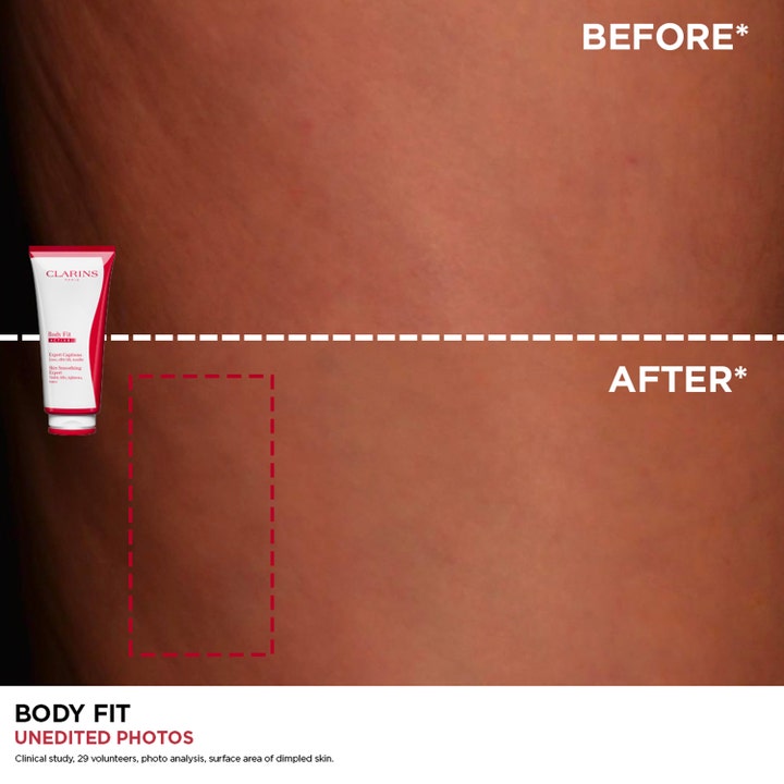 Clarins Body Fit Active Skin Smoothing Expert 200 ml silottava vartalovoide sekä ennen ja jälkeen vertailu iholta
