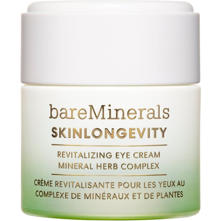 bareMinerals Skinlongevity Revitalizing Eye Cream 15 ml silmänympärysvoide valkoisessa purkissa vihreällä sävyllä